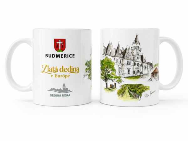 Hrnček pre obec Budmerice s miestnym grafickým motívom